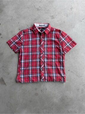 Y2K Cropped Boxy Plaid Button Up Shirt - S
